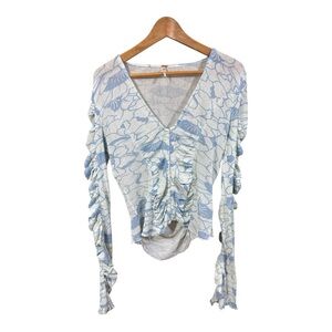 Free People Through the Meadow Blue Foral V-Neck Top